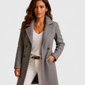 Women's solid colour mid-length woolen coat with polo collar and side pockets in gray colour