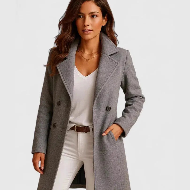 Women's solid colour mid-length woolen coat with polo collar and side pockets in gray colour