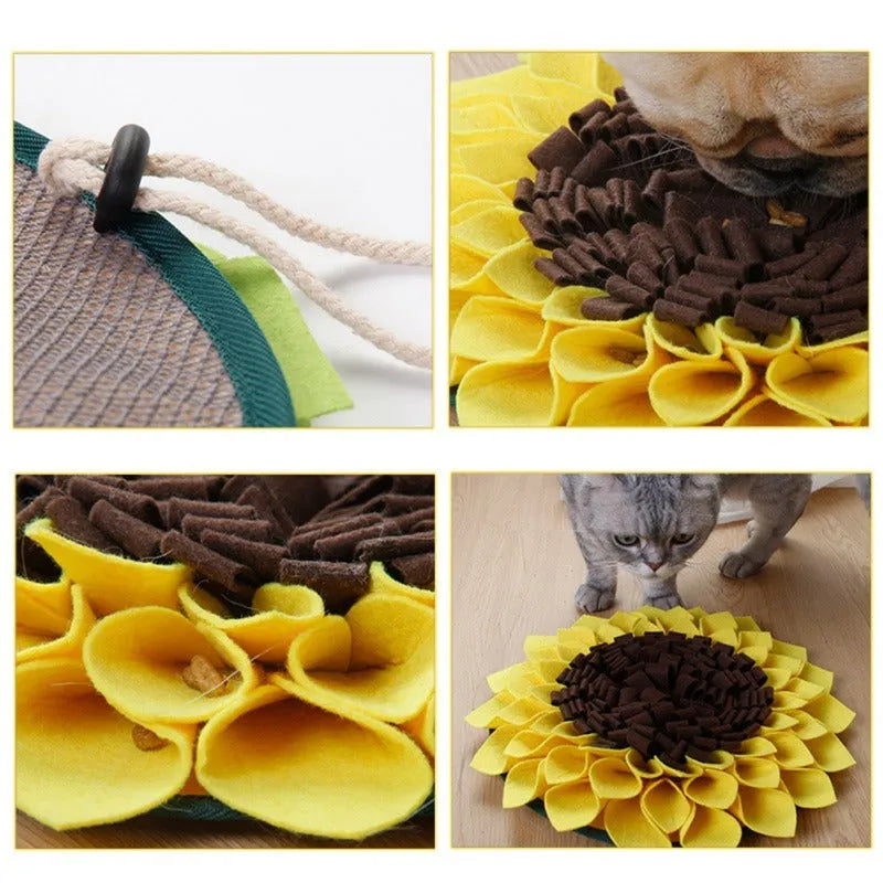 Yellow sunflower-shaped dog snuffle mat with rope and buckle for slow feeding and nosework training