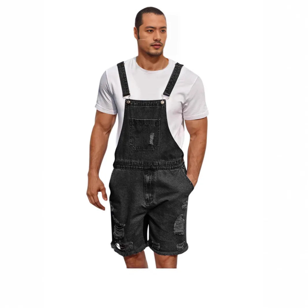 Men's ripped denim shorts with suspenders in straight-leg style, available in three colours