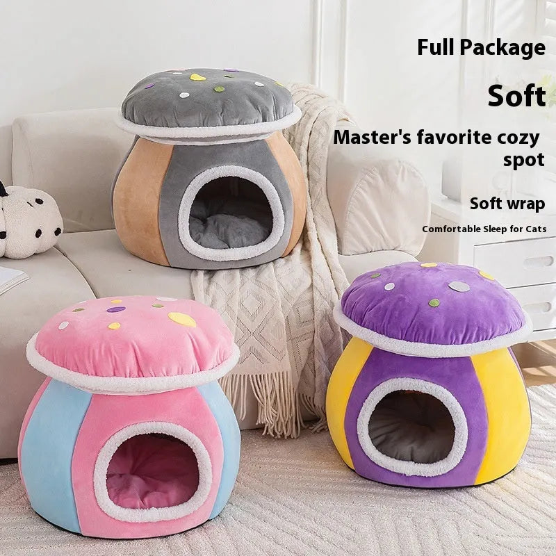 Grey mushroom-shaped plush cat bed with a detachable rabbit blanket for winter warmth.