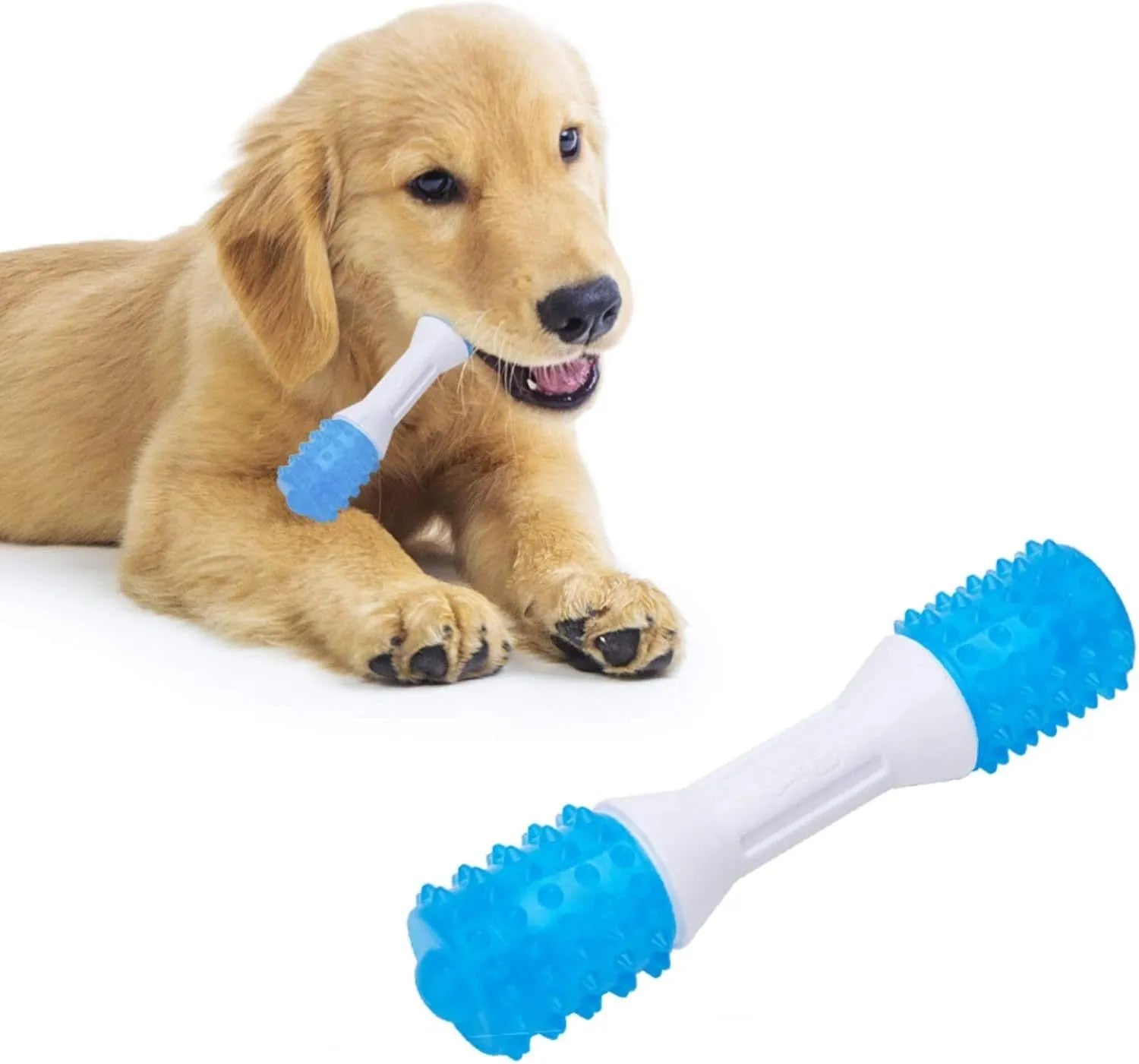 Dual-colour TPR rubber puppy teething chew toy for moderate chewers, shown in sizes small, medium, and large.
