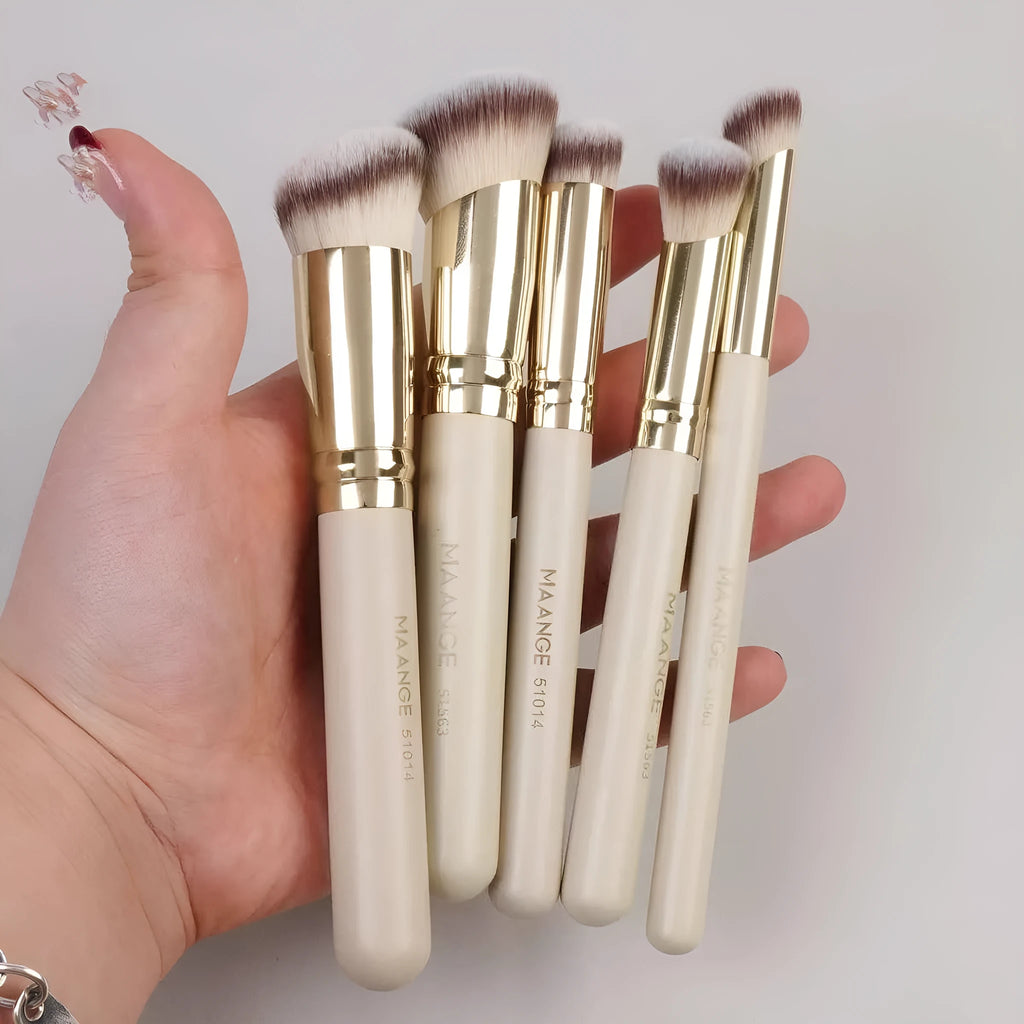5-piece apricot makeup brush set with angled blush brush for contouring