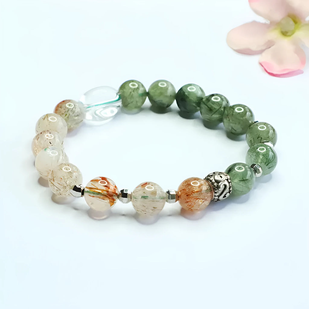 Natural green quartz rutilated black gold Super Seven bracelet approximately 8.5mm beads Chinese style stone accessory