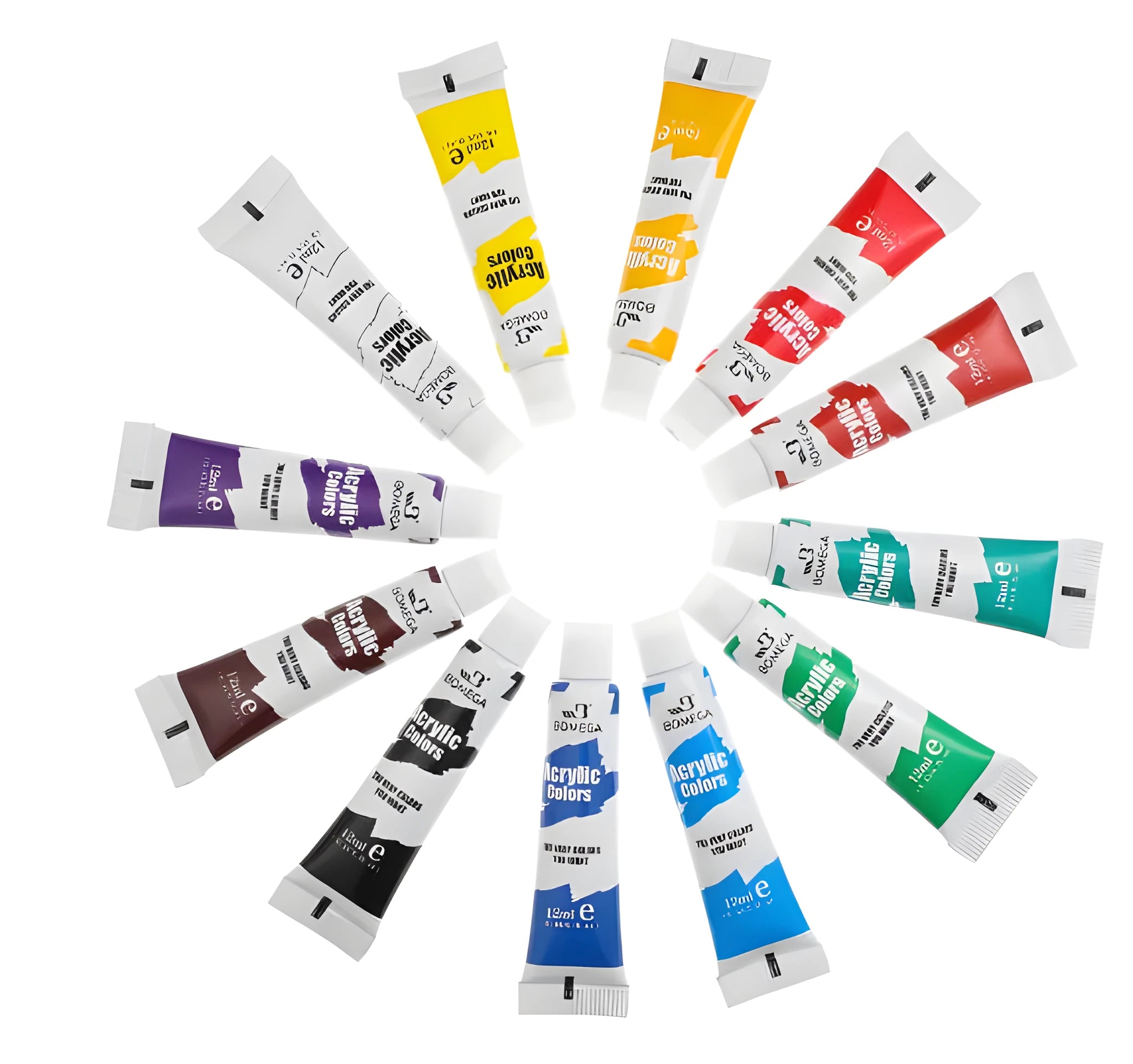 Artist pigment paint set showing tubes for acrylic, gouache, watercolour, oil painting, glass and textile work