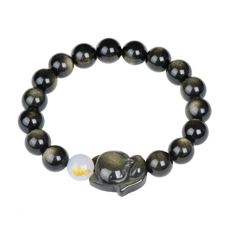 Natural obsidian stone bracelet with 10mm beads shown in gold, silver, and plain black style variations.