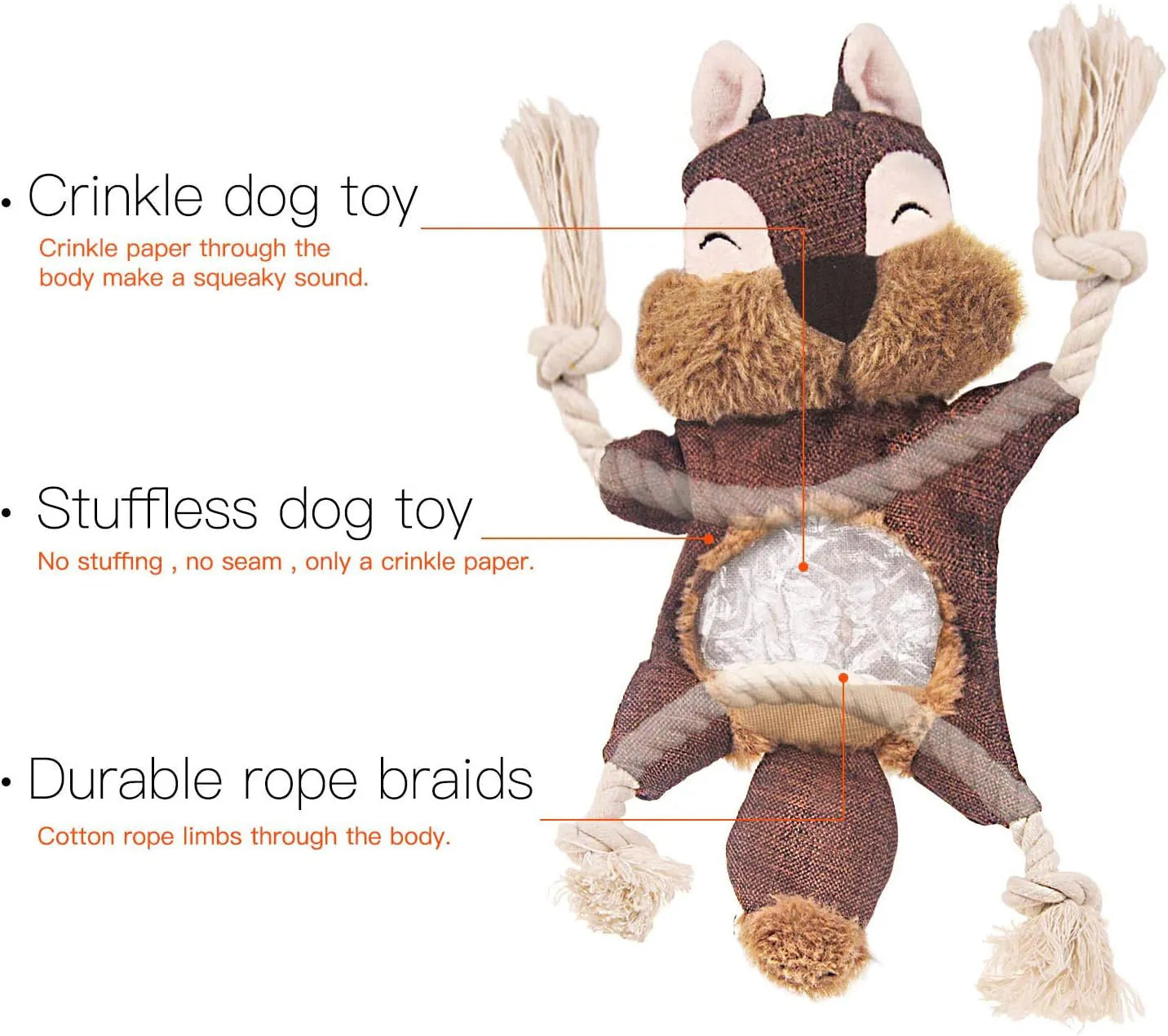Brown plush fox dog toy with embroidered eyes, cotton rope arms and legs, and a squeaker.