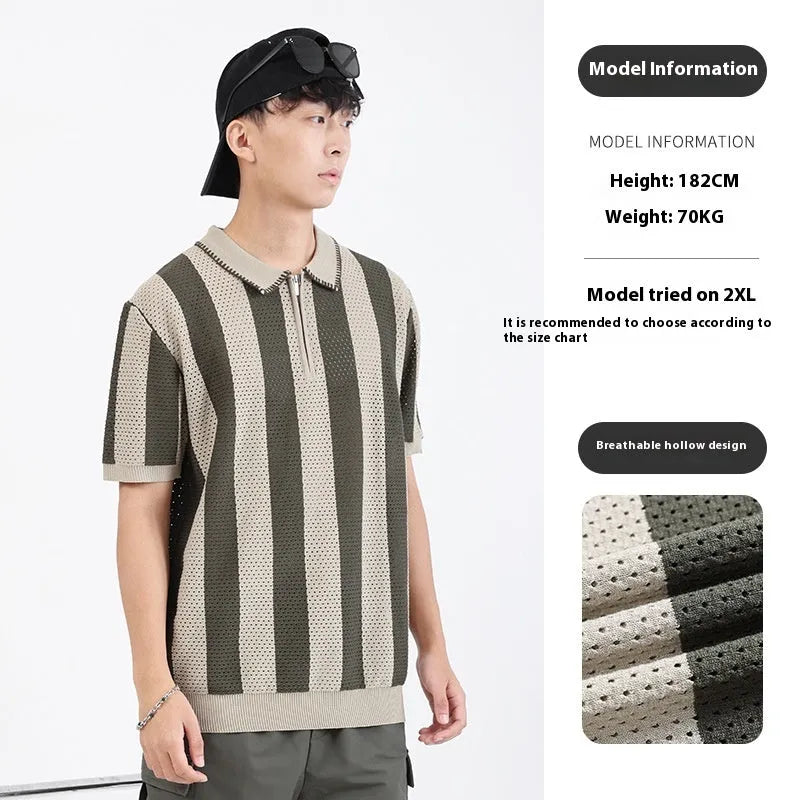 Men's black and white striped short sleeve summer sweater with zip detail on front.
