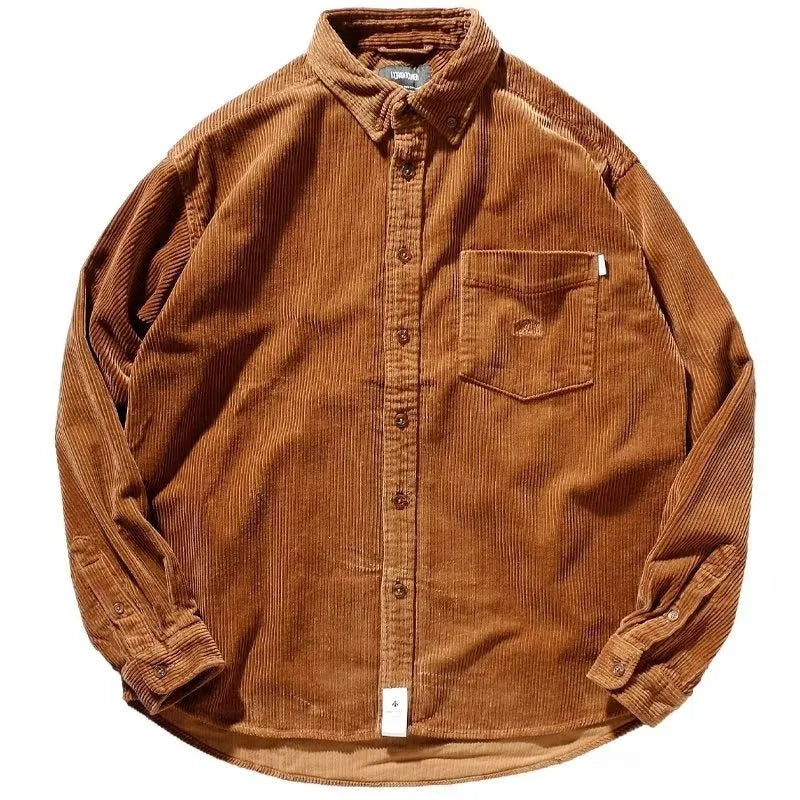 Long sleeve loose corduroy shirt in caramel colour with cardigan style for youth leisure wear.