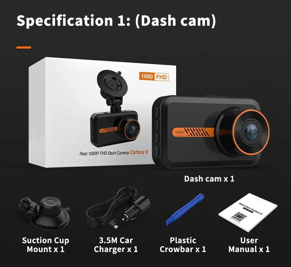 ThiEYE front and rear dash cam with 3-inch screen, suction cup mount, rear camera, and installation cables