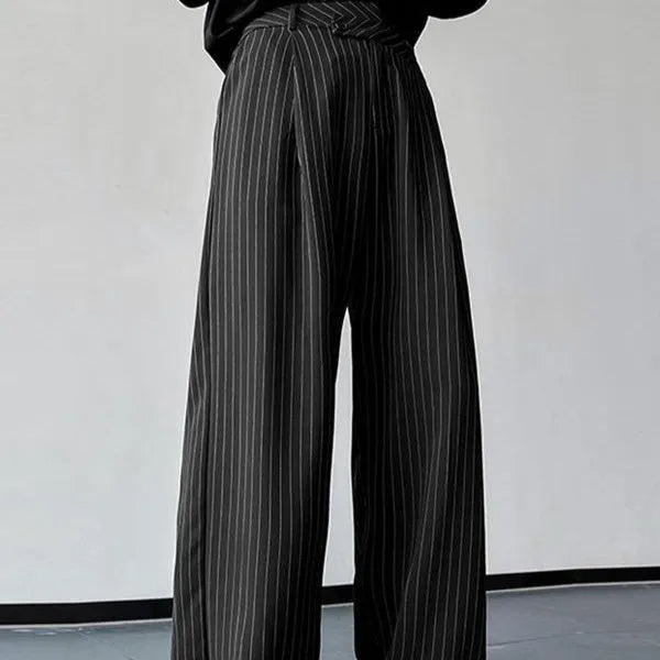 Men's black vertical striped pleated casual trousers with elastic waist
