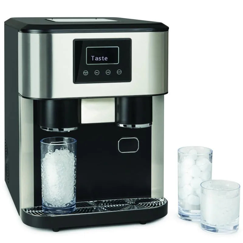 Black desktop ice maker with stainless steel ice box showing ice crushing and cold water functions