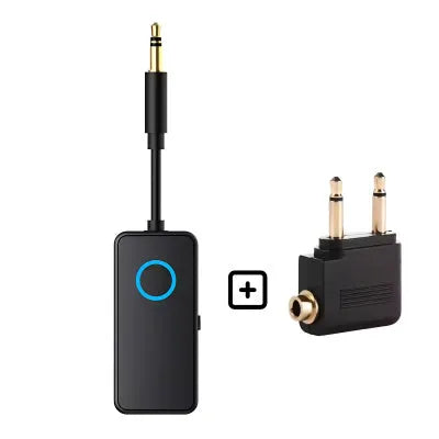 Black Bluetooth 5.4 audio adapter with 3.5mm plug for wireless audio conversion