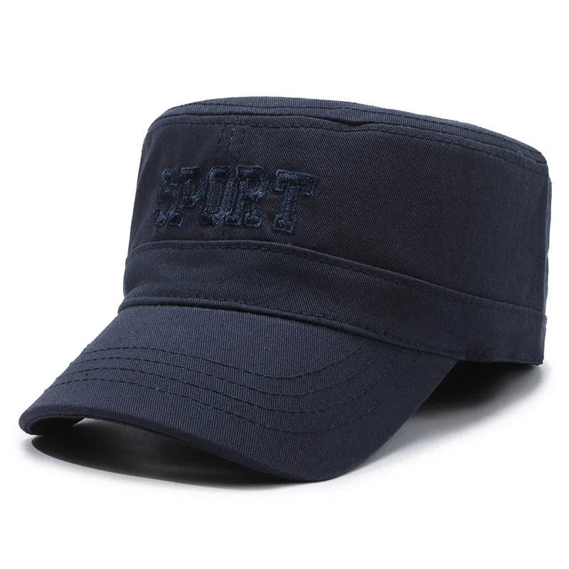 Men's adjustable cotton flat-top peaked cap in army green colour showing dome crown
