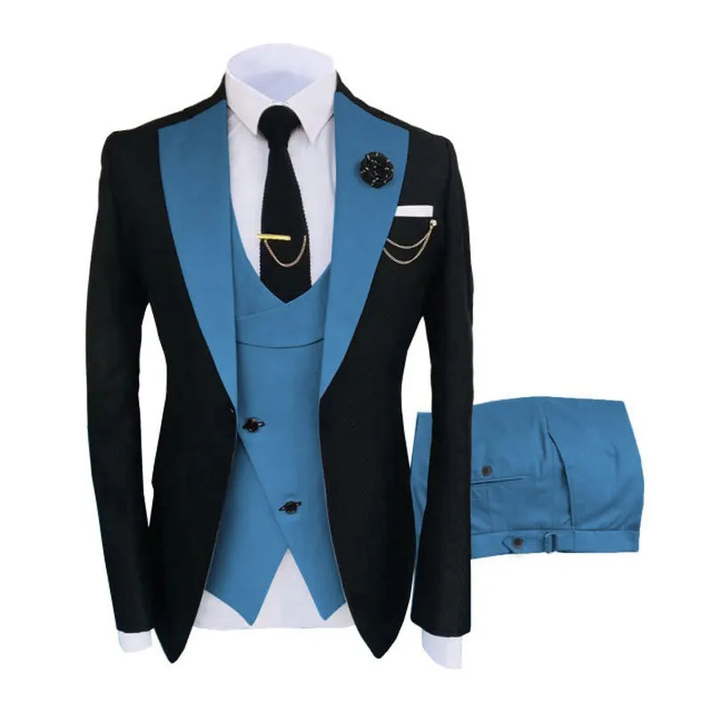 Men's slim fit cotton business suit set showing coat vest trousers