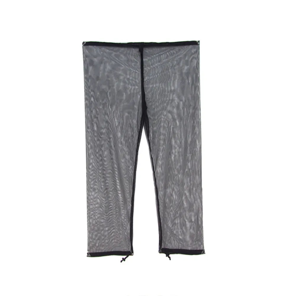 Four-piece mesh anti-mosquito suit set showing hooded top, pants, and booties for outdoor camping and fishing.