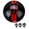 Black acrylic car gear head with five-speed wild horse graphic, shown with three screw accessories for installation.