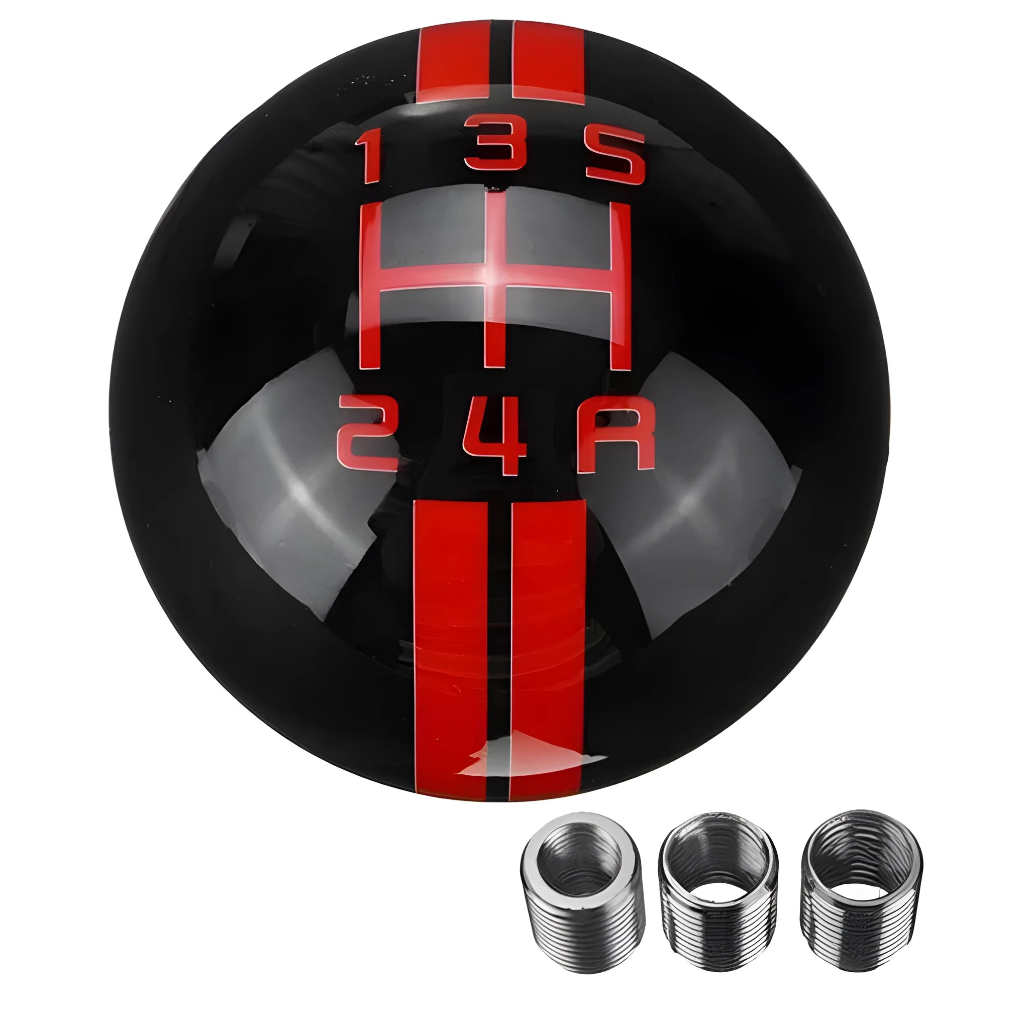 Black acrylic car gear head with five-speed wild horse graphic, shown with three screw accessories for installation.