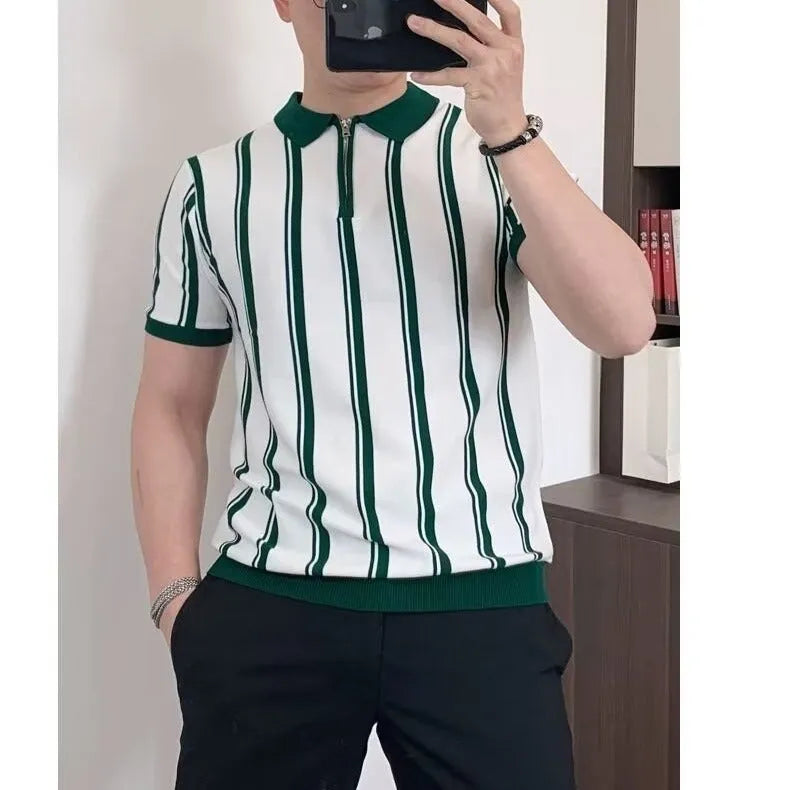 Men's black and white Korean-style vintage stripe t-shirt with front zipper detail in loose fit half-sleeve design