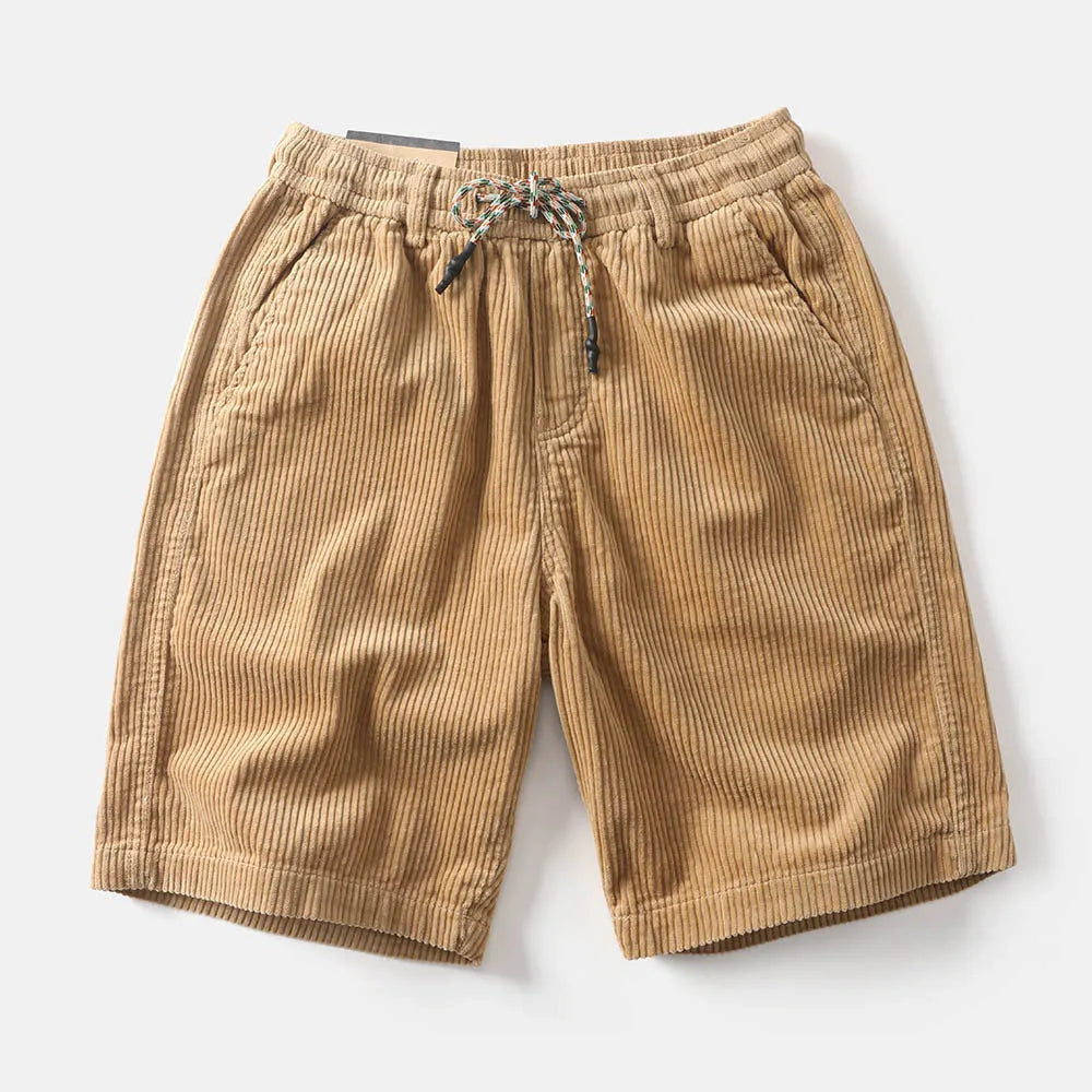 Men's khaki cargo shorts with straight leg cut and cargo pockets on thigh