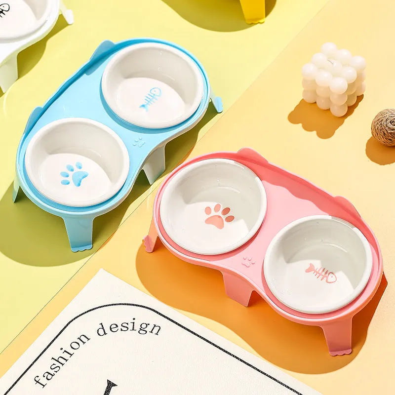 Blue elevated ceramic pet bowl set with two bowls and a stand with hook