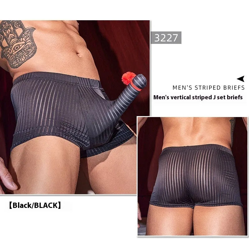 Men's striped nylon boxer briefs underwear in black colour showing vertical pattern and elastic waistband