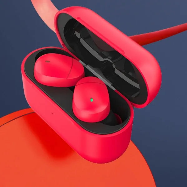Flame red Qualcomm TWS 3040 wireless Bluetooth earbuds with charging case.