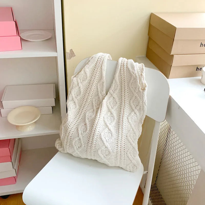 Women's retro crochet knitted polyester yarn shoulder tote bag in solid colour with double straps
