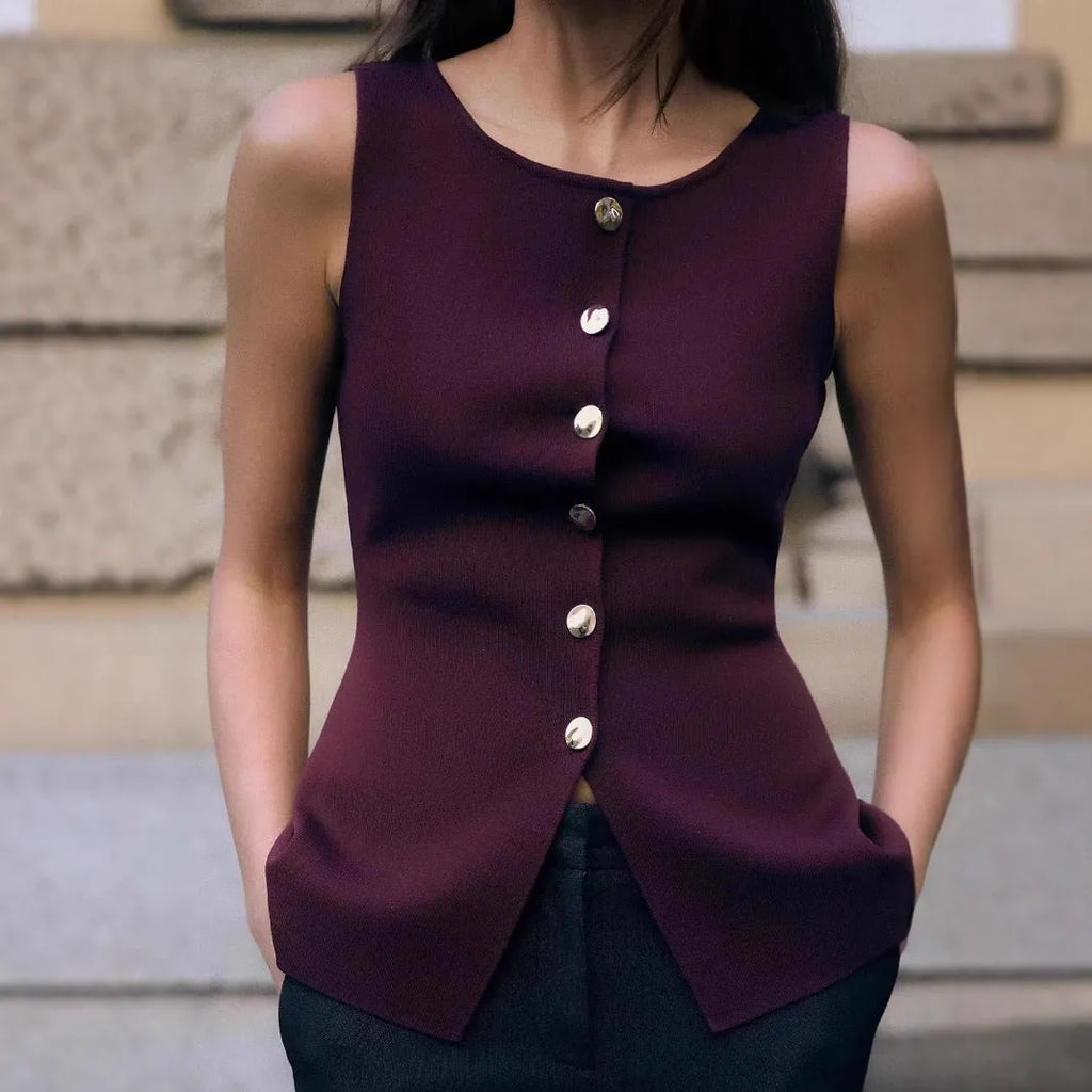 Dark red slim-fit men's sweater vest with gold buttons and a 3D textured pattern.