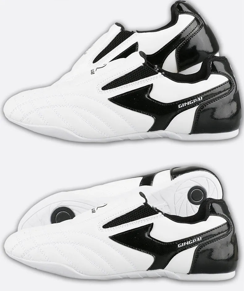 Black and white children's PU martial arts training shoes with soft sole for Taekwondo and Sanda.