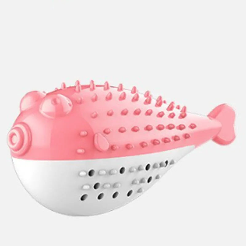 Blue silicone fish-shaped chew toy for cats on a plain background