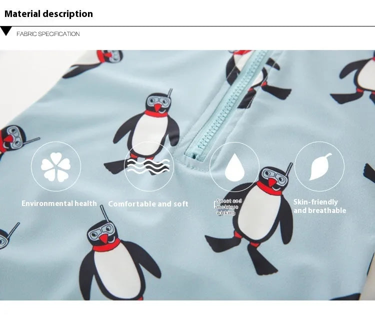 Boy's penguin print swim set with long sleeves and matching swimming cap for ages 2-7 years