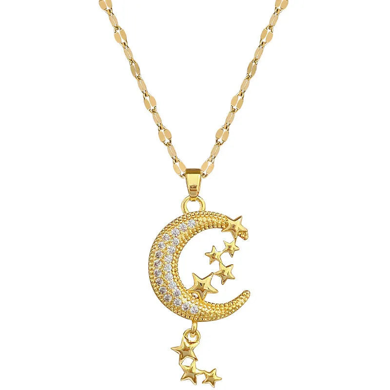 Silver tone necklace with moon-shaped copper pendant on stainless steel chain