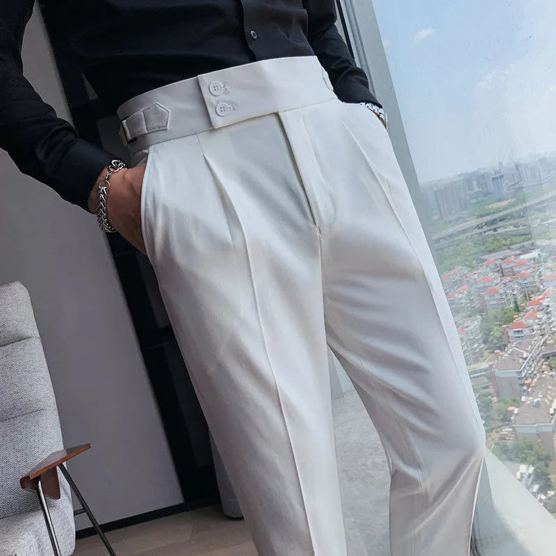 Men's straight-leg casual trousers in polyester fabric showing multiple solid colour options