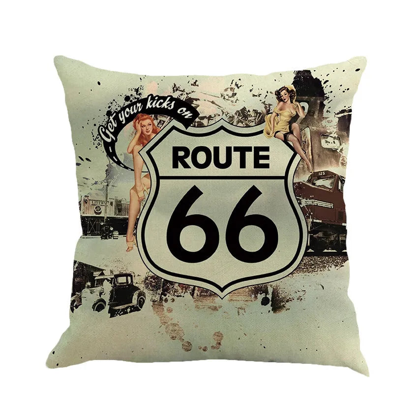 Linen blend cushion cover with Route 66 landscape design, shown in one of six available colours.