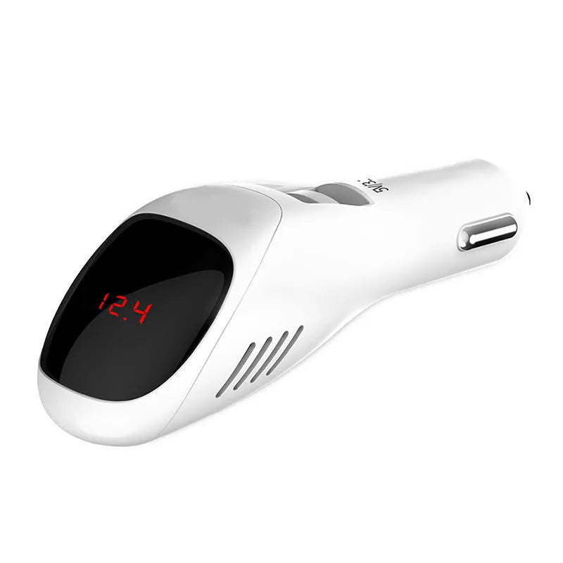 White car USB charger with integrated negative ion air purifier measuring 103mm