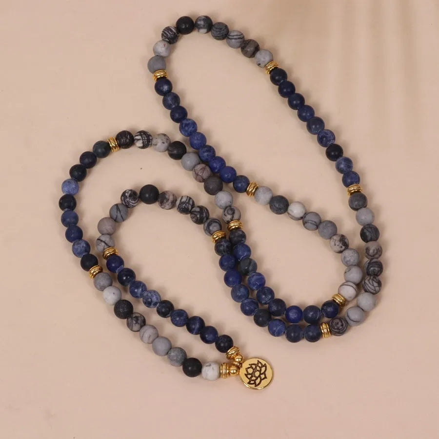 Blue patterned network stone bead multi-layer bracelet with alloy metal details