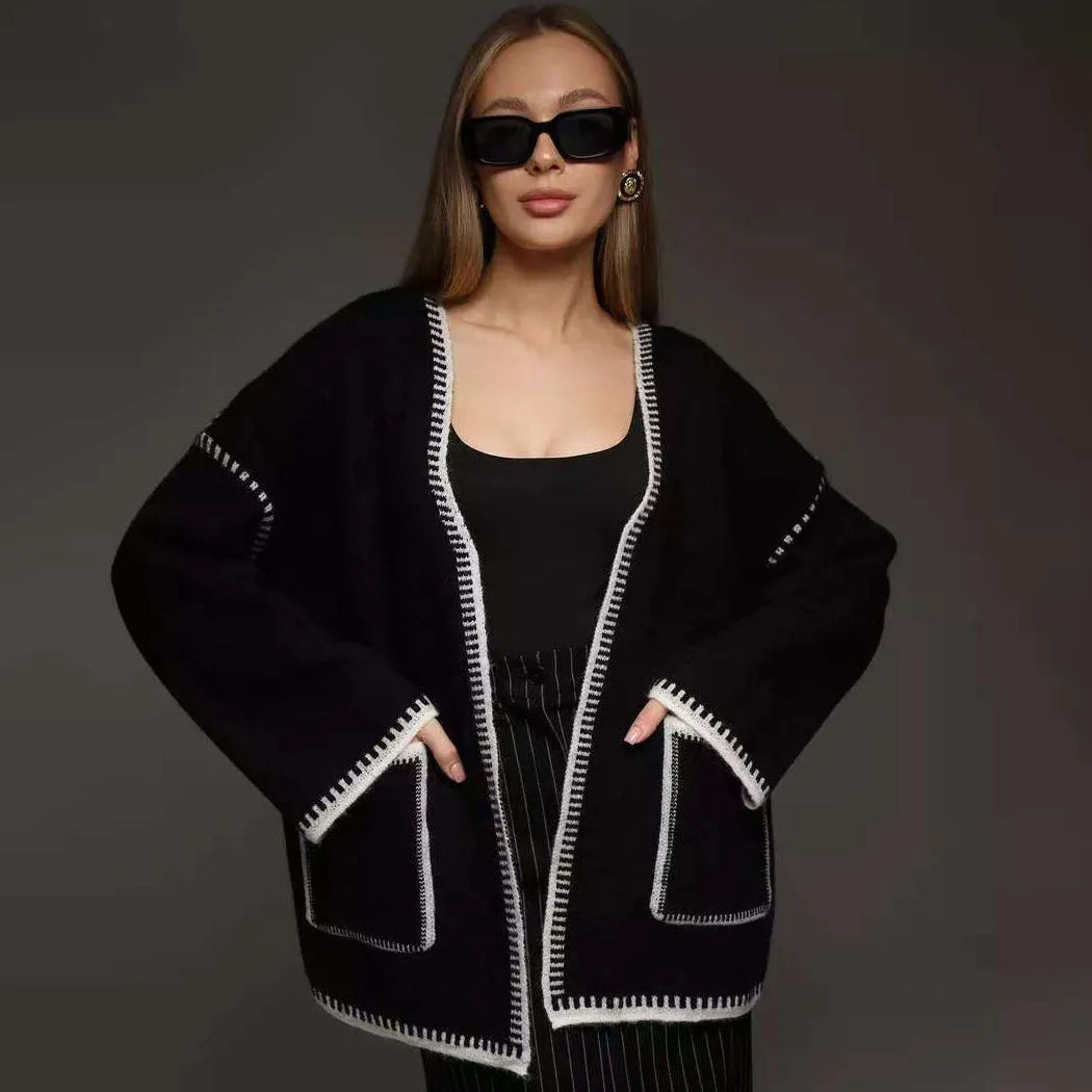 Loose lace-up knitted cardigan sweater coat in white, black, or camel colour with 50cm normal length