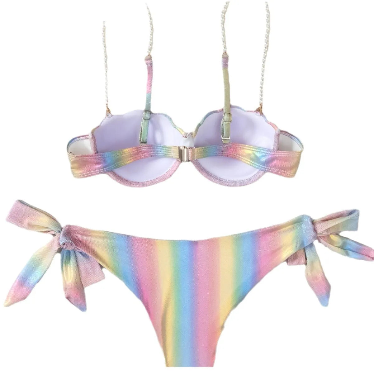 Women's shell rainbow coloured split bikini swimsuit with tied design on a mannequin.