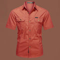 Men's loose fit cotton short sleeve work shirt in army green with non-iron treatment