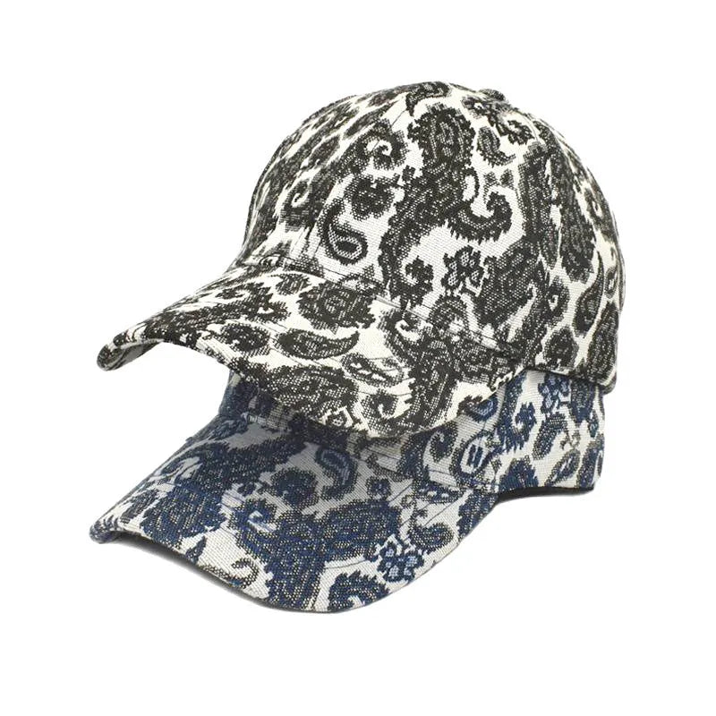 Blue polyester baseball cap with printed paisley pattern, dome crown style, size M 56-58cm