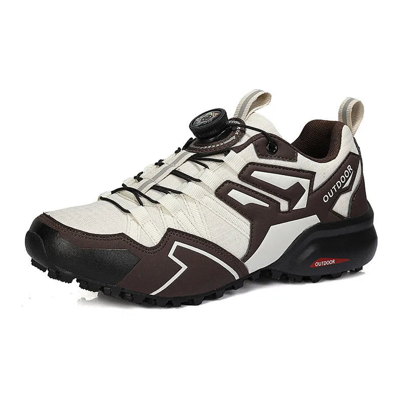 Men's beige outdoor hiking shoes with rubber sole and elastic closure