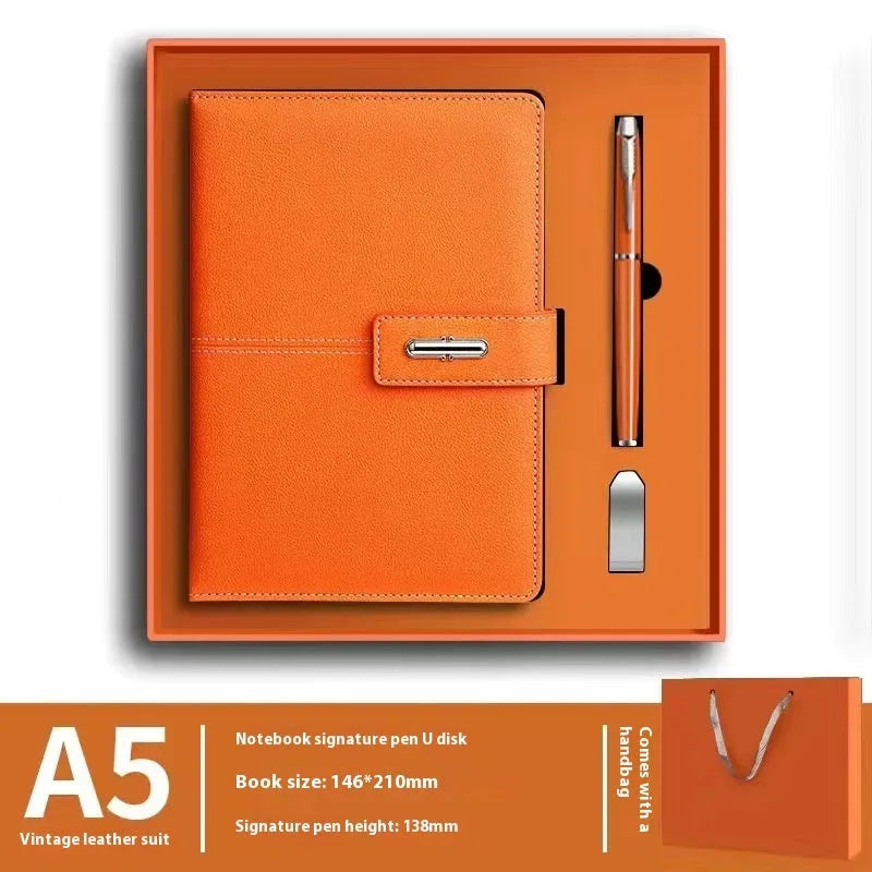 Customisable A5 notebook with PU leather cover in choice of colours, featuring wood-free paper.