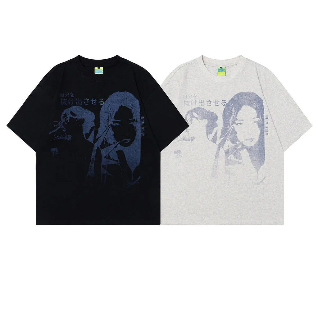 Men's grey cotton T-shirt with a retro character print, shown in a loose fit.