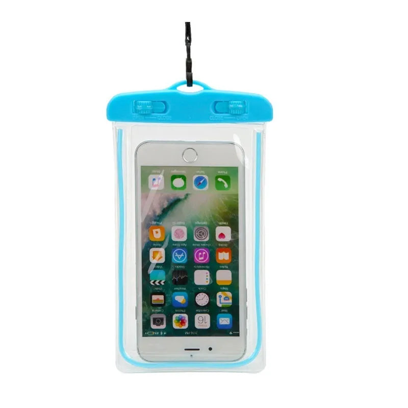 Universal waterproof luminous phone case in multiple colours for outdoor smartphone protection