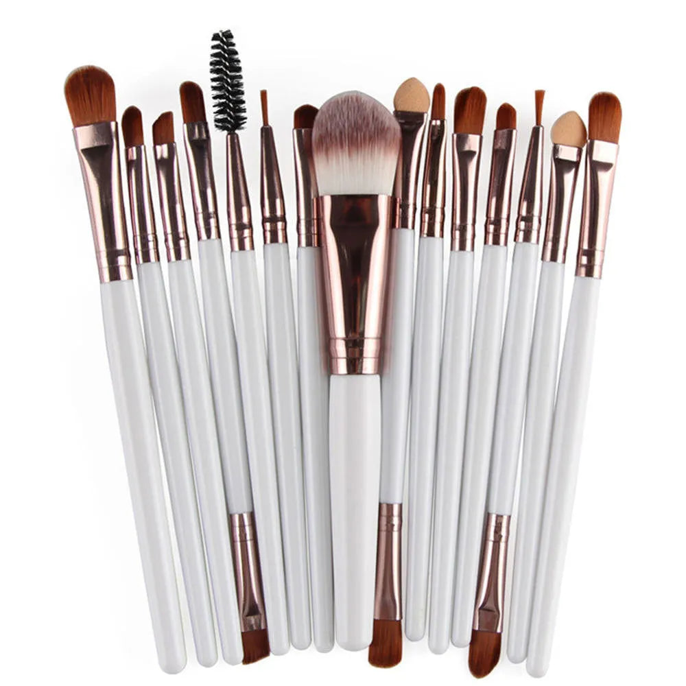 18-piece makeup brush set with fan brushes arranged on a table.