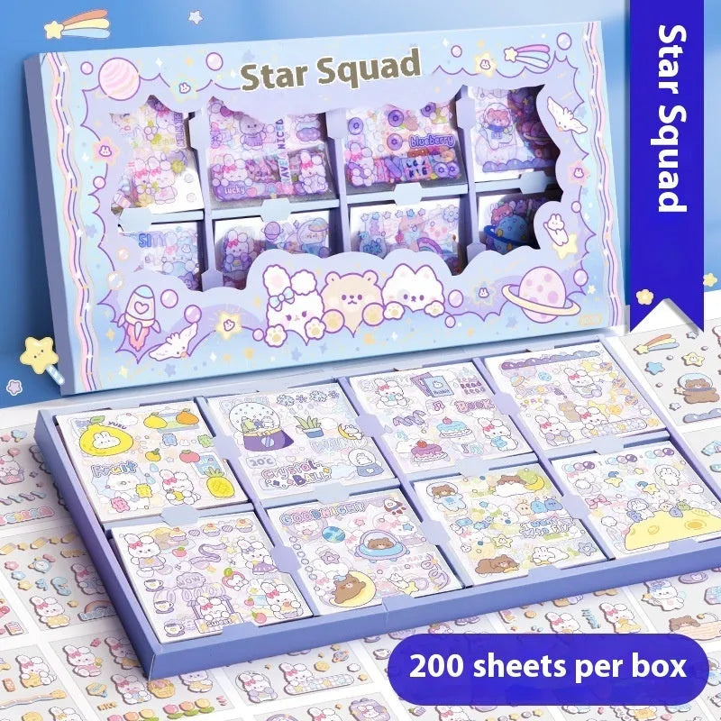 Box of colourful children's stickers with five different design themes for craft projects