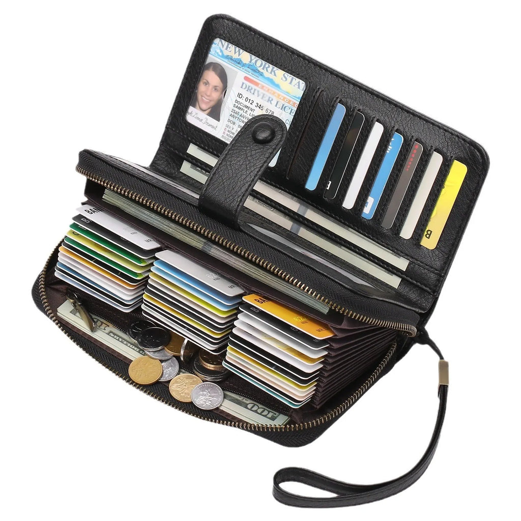 Expanding card holder women's long wallet with anti-theft swiping protection in synthetic leather
