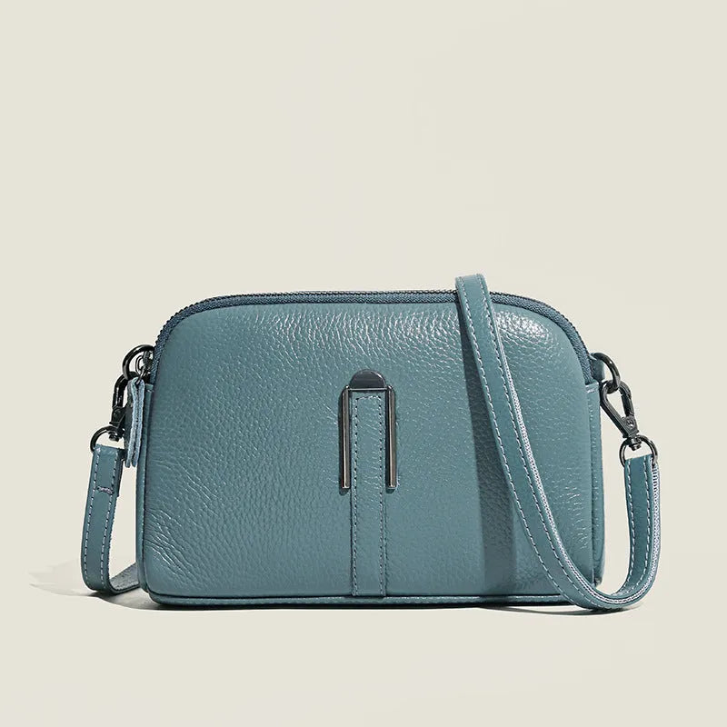 Women's genuine leather square shoulder bag in dark khaki colour, showing structured horizontal shape.