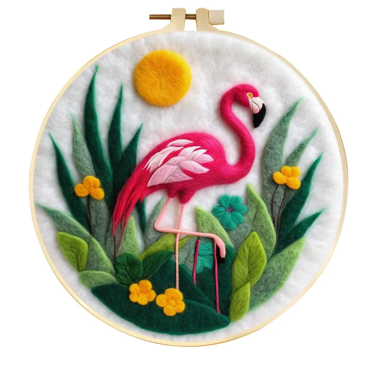 Round linen embroidery kit with wool felt pieces for 3D flowers and leaves, includes a free frame.